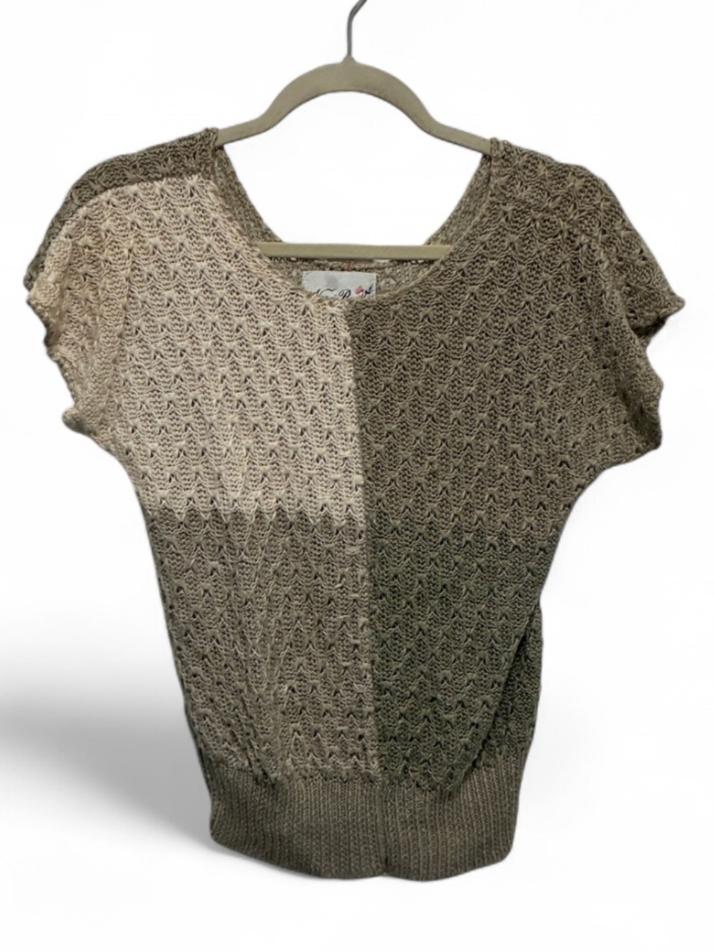 Vintage Naomi Ber Short Sleeve Colorblock Knit Sweater Top in Beige and Taupe